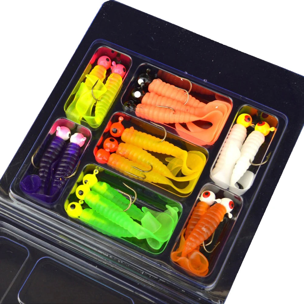 34pcs 1 Set 17pcs Metal Jig Head Fishing Hooks + 17pcs Soft Worm Lure Grub Silicone Fish Artificial Bait Tackle