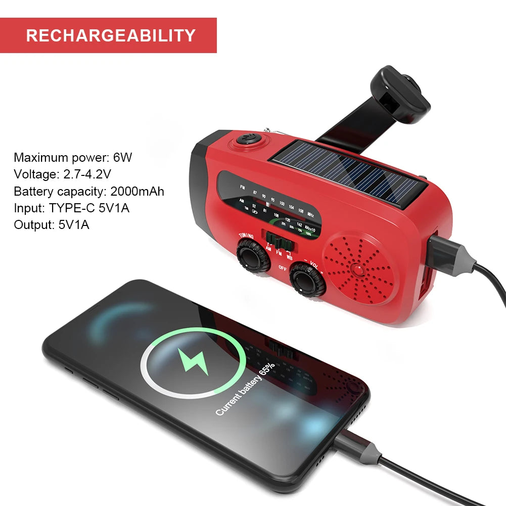 Portable Phone Charger with LED Lights Solar Hand Crank Radio USB Charged & Solar Power Multifunctional for Outdoor Survival