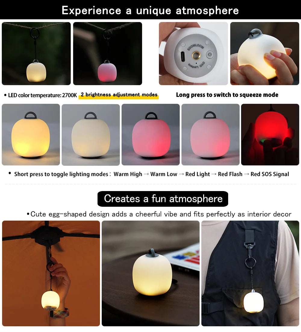 Soomloom Rechargeable LED Camping Lantern Cute Egg-Shaped Squeeze Light 3mode Soft Silicone Lamp for Outdoor Use & Cozy Ambience