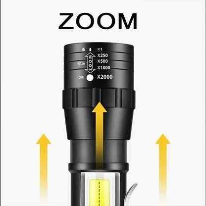 Portable Rechargeable LED Flashlight with Pen Clip Zoomable Waterproof Torch with Side Light Outdoor Camping Emergency Lantern