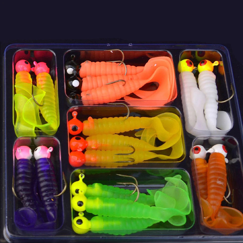 34pcs 1 Set 17pcs Metal Jig Head Fishing Hooks + 17pcs Soft Worm Lure Grub Silicone Fish Artificial Bait Tackle