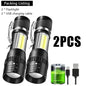 Portable Rechargeable LED Flashlight with Pen Clip Zoomable Waterproof Torch with Side Light Outdoor Camping Emergency Lantern
