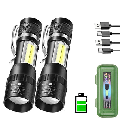 Portable Rechargeable LED Flashlight with Pen Clip Zoomable Waterproof Torch with Side Light Outdoor Camping Emergency Lantern