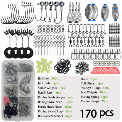 170-410pcs Professional Fishing Kit with Tackle Box, Hooks Sinkers Swivels for Bass Trout Saltwater Fishing Complete Lure Set