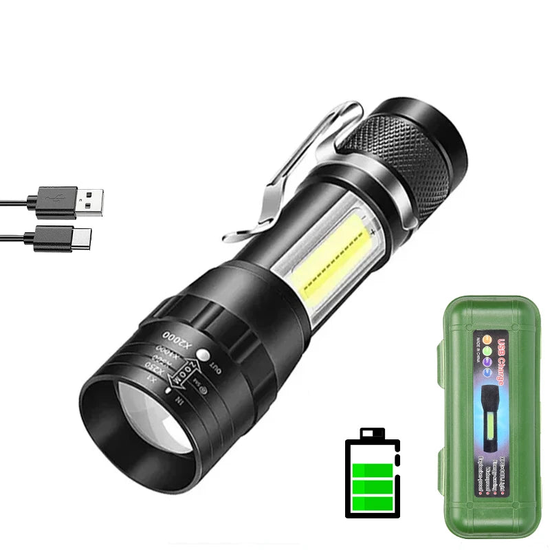 Portable Rechargeable LED Flashlight with Pen Clip Zoomable Waterproof Torch with Side Light Outdoor Camping Emergency Lantern