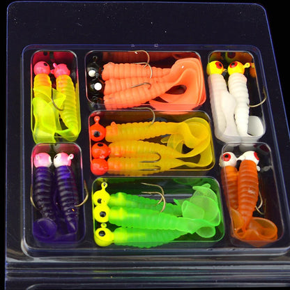34pcs 1 Set 17pcs Metal Jig Head Fishing Hooks + 17pcs Soft Worm Lure Grub Silicone Fish Artificial Bait Tackle