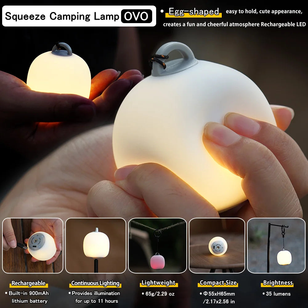 Soomloom Rechargeable LED Camping Lantern Cute Egg-Shaped Squeeze Light 3mode Soft Silicone Lamp for Outdoor Use & Cozy Ambience