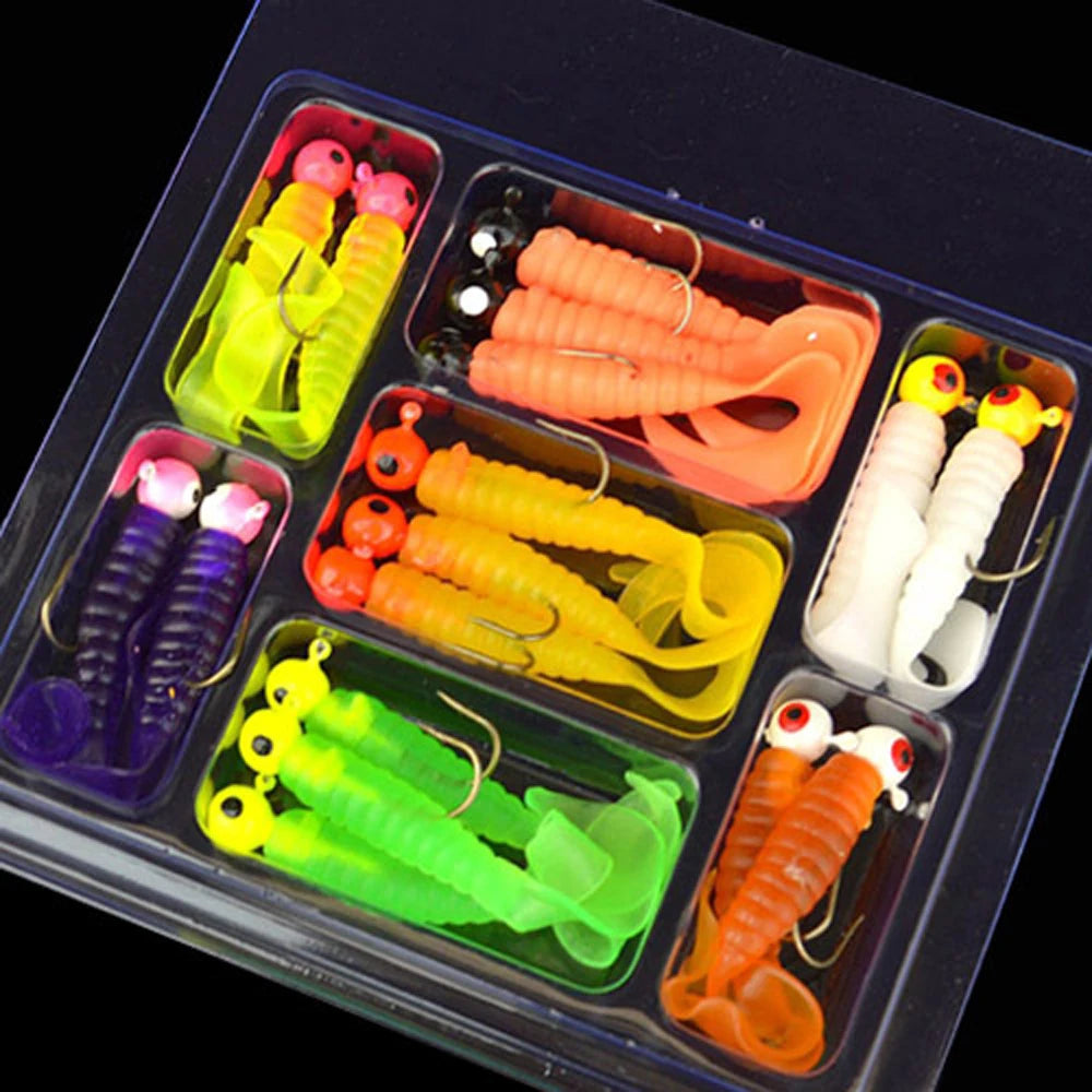 34pcs 1 Set 17pcs Metal Jig Head Fishing Hooks + 17pcs Soft Worm Lure Grub Silicone Fish Artificial Bait Tackle
