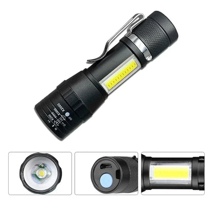 Portable Rechargeable LED Flashlight with Pen Clip Zoomable Waterproof Torch with Side Light Outdoor Camping Emergency Lantern