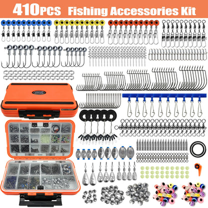 170-410pcs Professional Fishing Kit with Tackle Box, Hooks Sinkers Swivels for Bass Trout Saltwater Fishing Complete Lure Set