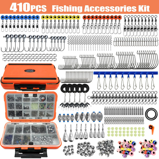 170-410pcs Professional Fishing Kit with Tackle Box, Hooks Sinkers Swivels for Bass Trout Saltwater Fishing Complete Lure Set